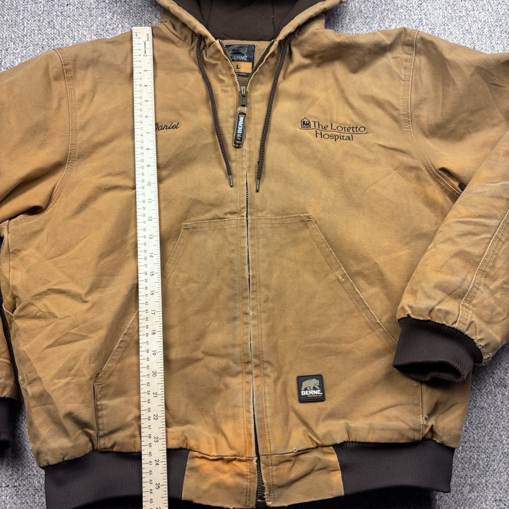 Berne Workwear Hooded Jacket Mens L Brown Duck Canvas Quilted Lined Work Coat - Picture 6 of 11